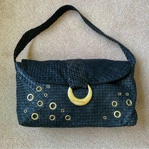 Elliott Lucca Black Woven Leather Bronze Grommet Isadora Shoulder Hobo Bag